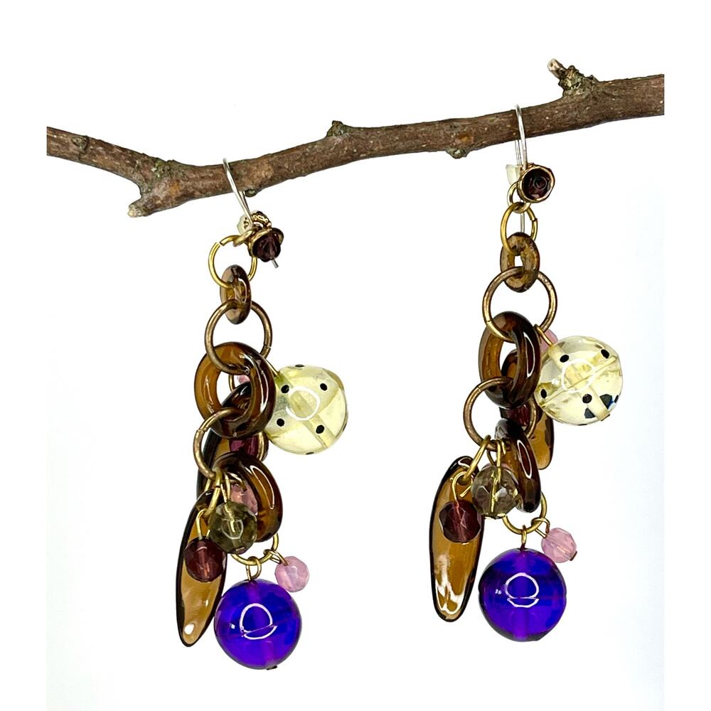 Lalo Acrylic Earrings 3.5" Dangle Drop Gold Brown Purple French Wire Resin Art